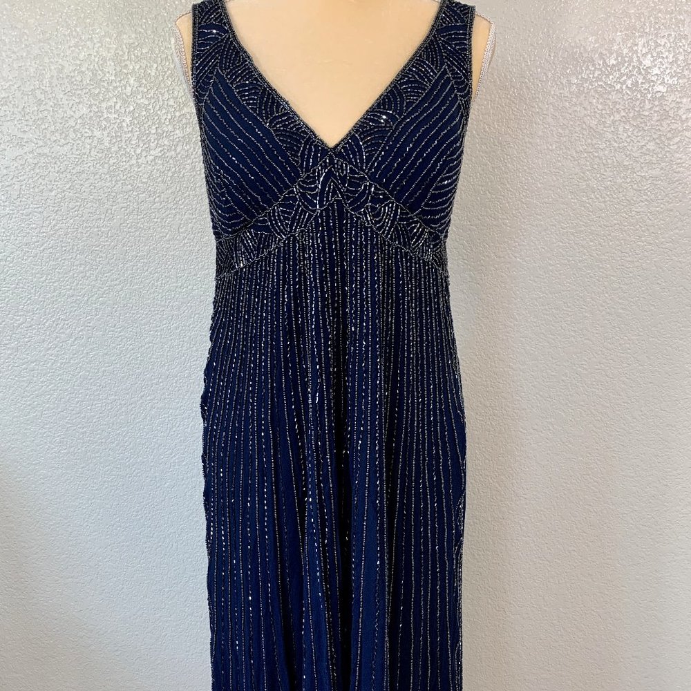 Pisarro Nights Navy Beaded V-Neck Midi Dress
